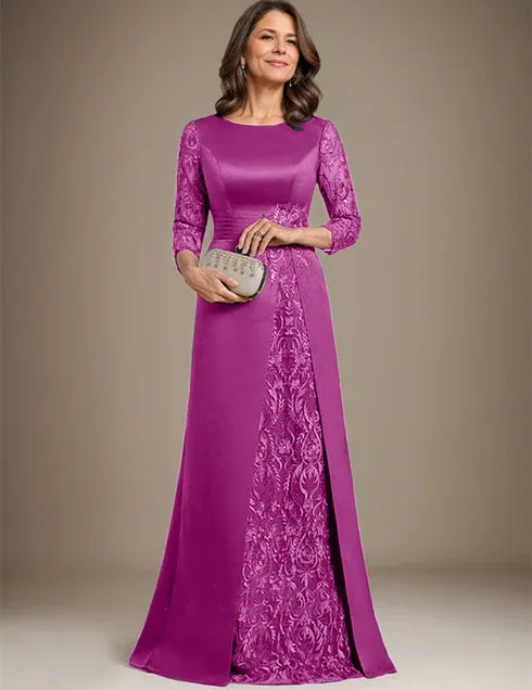 Robe de mère de la mariée en satin et dentelle, coupe trapèze, longueur au sol, avec appliques 