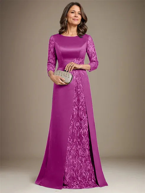 Robe de mère de la mariée en satin et dentelle, coupe trapèze, longueur au sol, avec appliques 