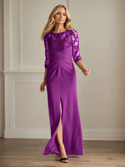 Robe fourreau en crêpe extensible prune pour mère de la mariée 