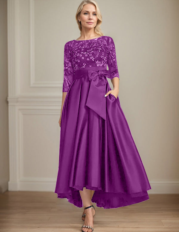 Robe de mère de la mariée asymétrique en satin et dentelle, coupe trapèze, décolleté en V, avec nœud 