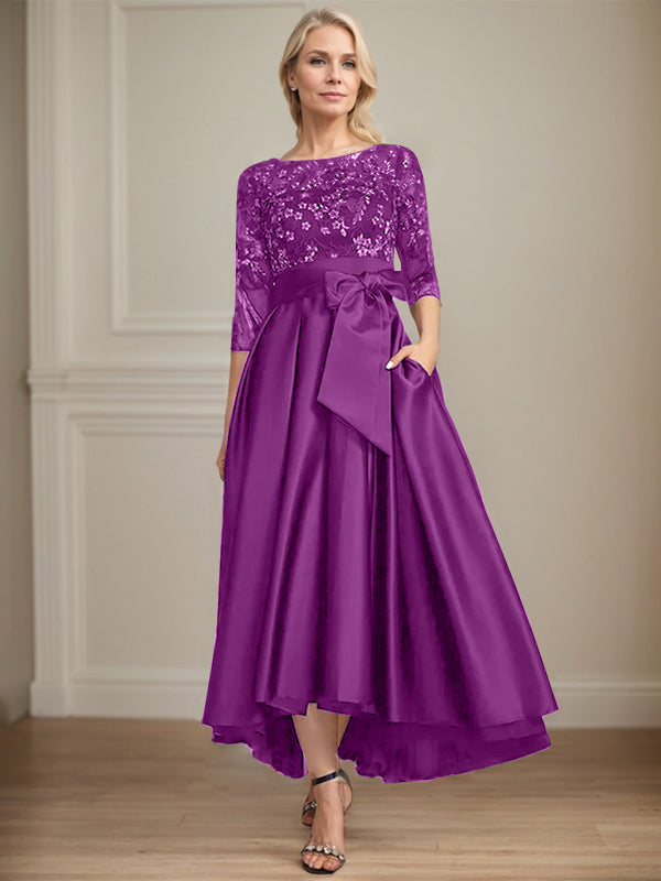 A-line Scoop Illusion Asymmetrical Satin Lace Mother of the Bride Dress With Bow
