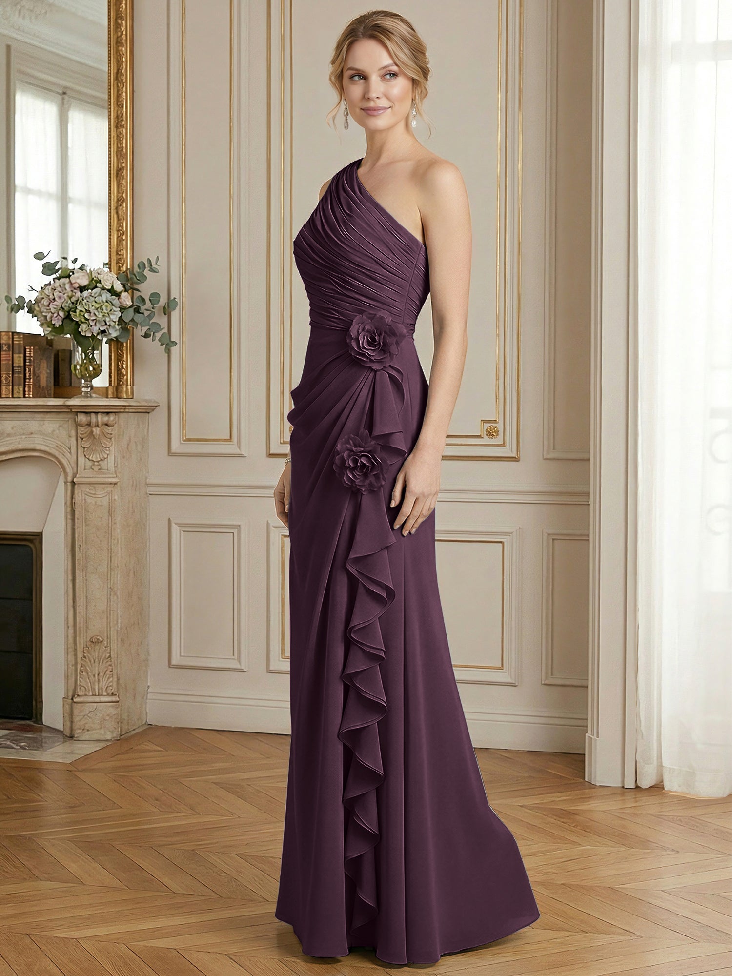 Dusty Blue One-Shoulder Ruched Floral Maxi Dress Gown