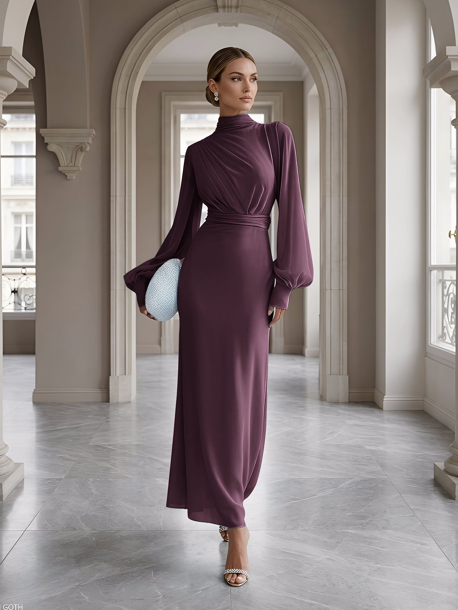 Ice Blue High-Neck Bishop Sleeve Gown Foraml Evening Dress