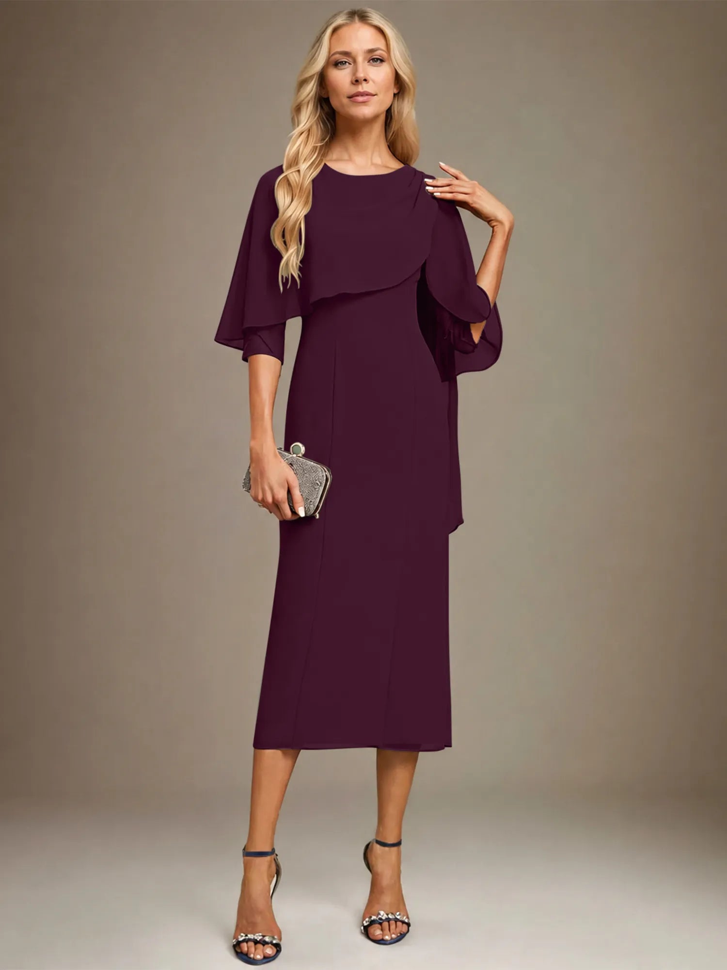Column Scoop Tea Length Chiffon Dress With Pleated Beading