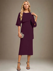 Sheath/Column Scoop Tea Length Chiffon Dress With Pleated Beading