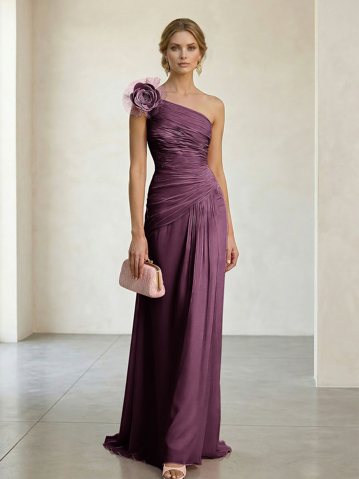 Blush Pink One-Shoulder Ruched 3D Floral Gown Dress