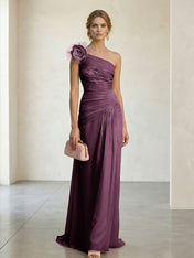 Blush Pink One-Shoulder Ruched 3D Floral Gown Dress