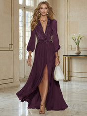 Elegant Beige Chiffon V-neck With Rhinestone Embellishments And A Side Slit Maxi Dress
