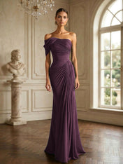 One Shoulder Pleat Mermaid Chiffon Evening Dresses for Women Gown