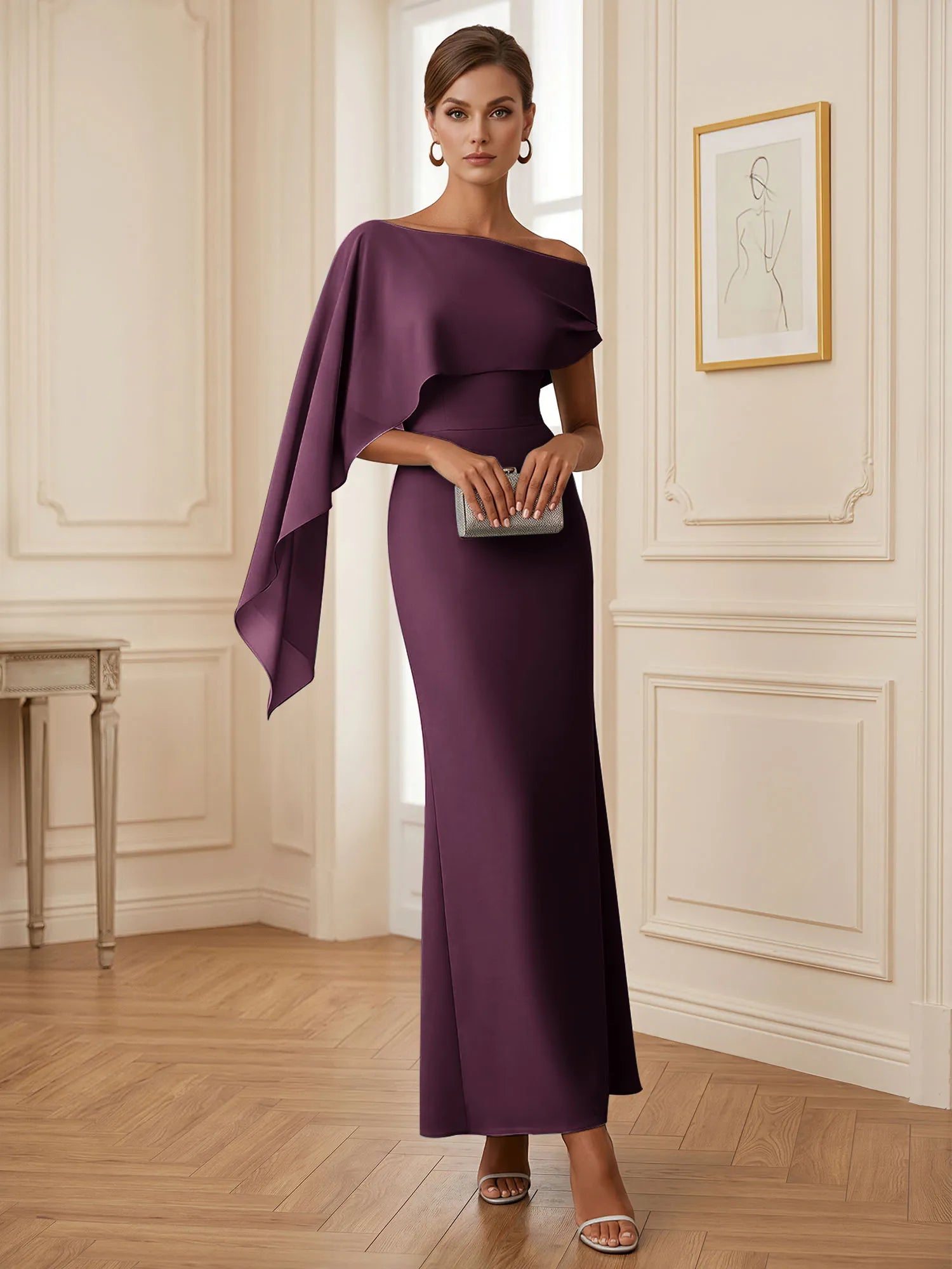 Elegant Mint Green One-Shoulder Chiffon Mermaid Formal Evening Dress with Cape and Ruffles