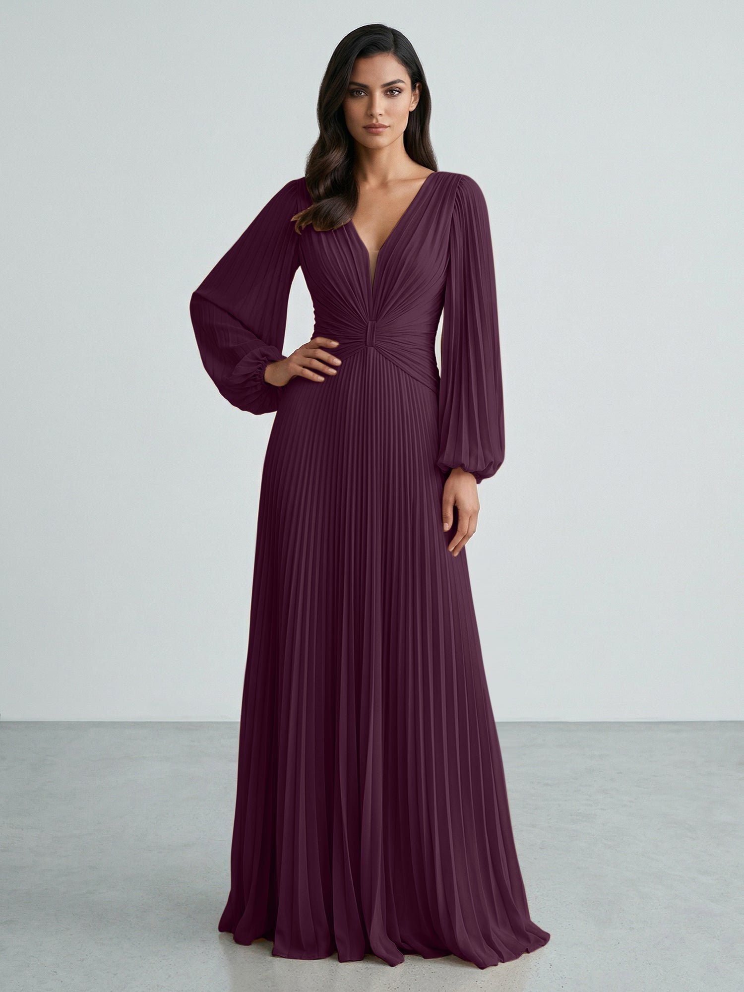 Slate Blue Plunging V-Neck Pleated Long Sleeve Maxi Dress Gown