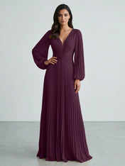 Slate Blue Plunging V-Neck Pleated Long Sleeve Maxi Dress Gown