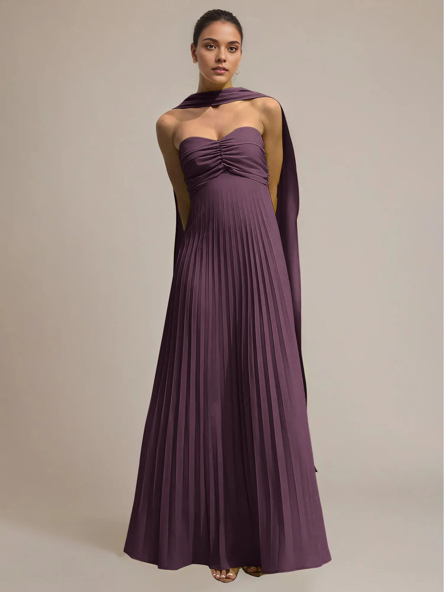 Green Chiffon A Line Off The Shoulder Sleeveless Floor Length Pleated Dress