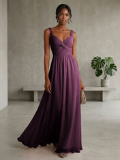 Elegant Soft Blush Twist-Front Chiffon Maxi Gown