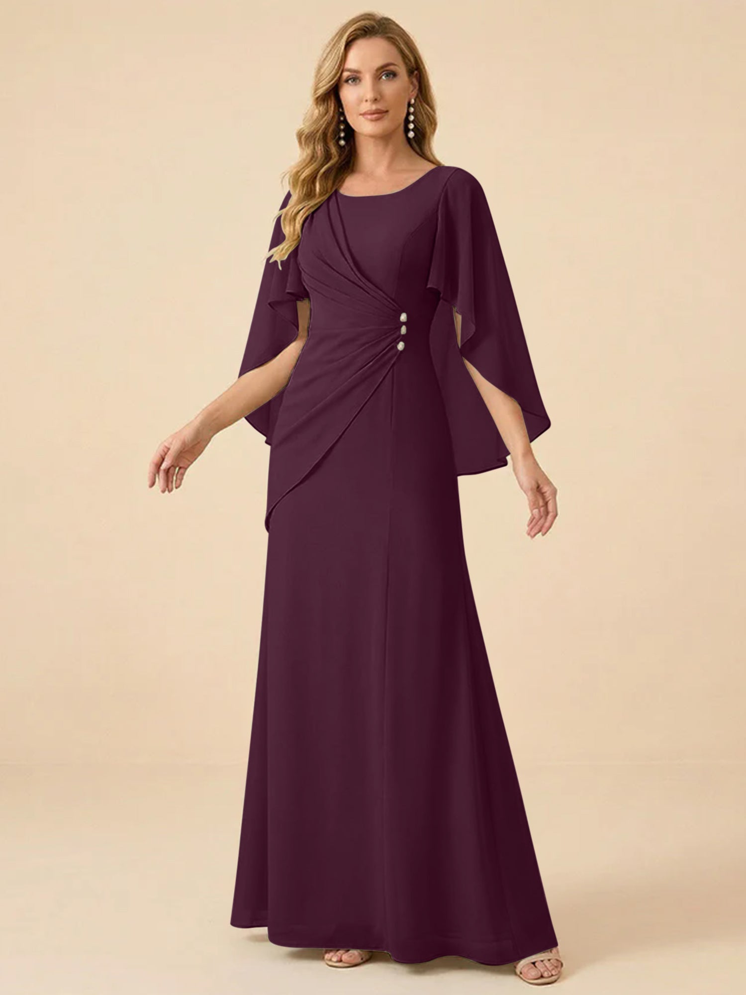Sage Green Chiffon Beaded Mother of the Bride Dress with Cape Sleeves