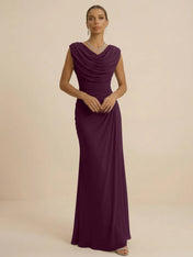 Dusty Grey Draped Cowl Neck Ruched Chiffon Evening Dresses