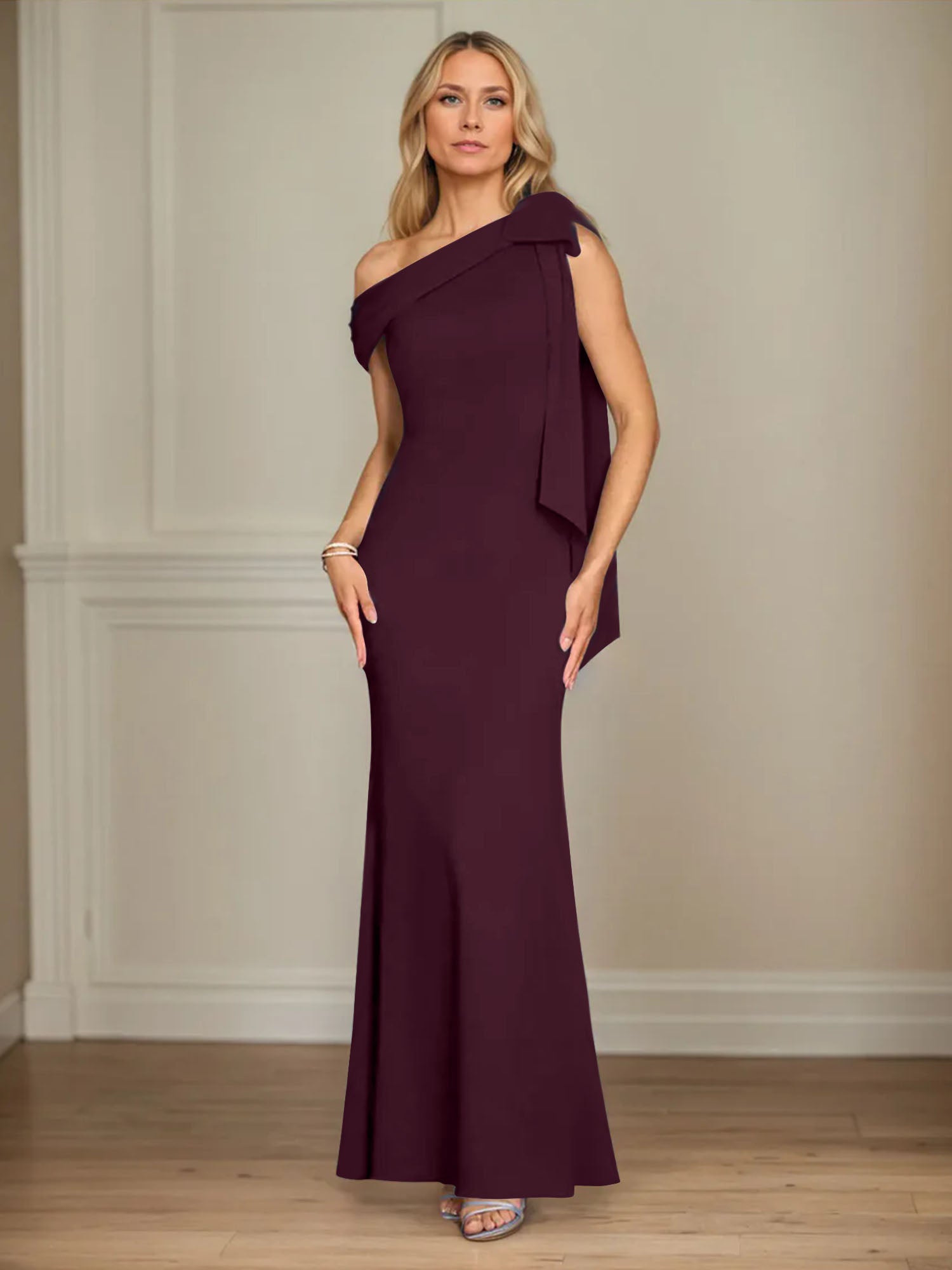 Mermaid One Shoulder Sleeveless Stretch Crepe Mother of the Bride Dress With Bow