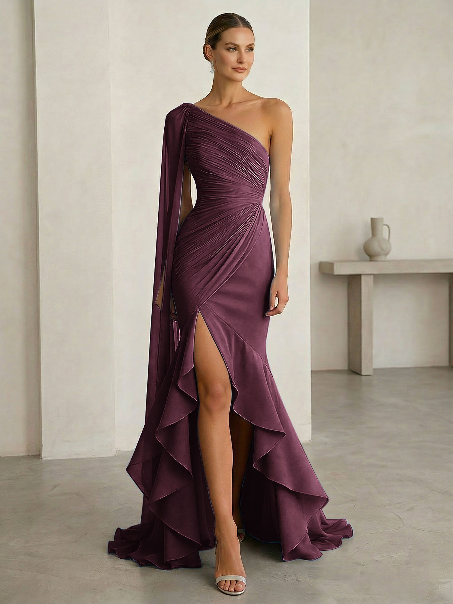 Glamorous Midnight Navy Formal Evening Dress One-Shoulder Ruched Cape Gown