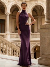 Navy Blue Halter Neck Maxi Dresses Mermaid Evening Dress