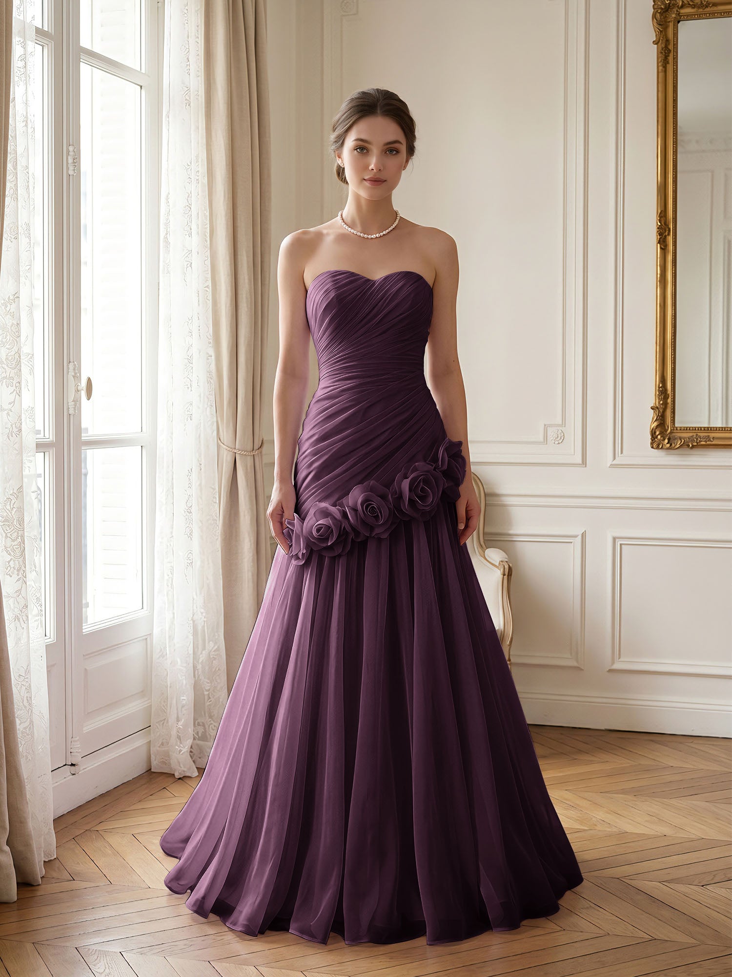 Lilac 3D Rosette Strapless Chiffon Evening Formal Gown Wedding Guest Dress