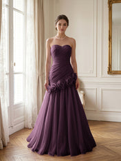 Lilac 3D Rosette Strapless Chiffon Evening Formal Gown Wedding Guest Dress
