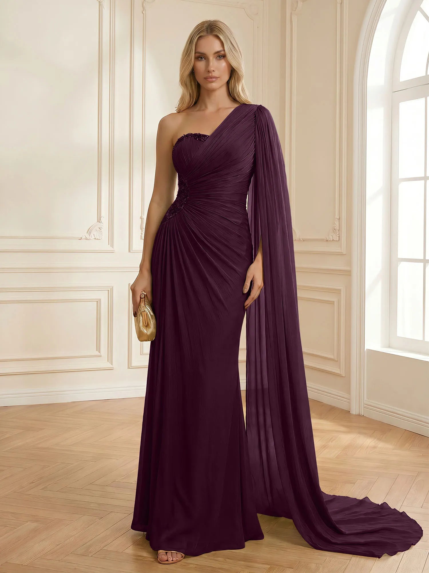 Sage Green One Shoulder Beaded Evening Gown with Cape Sleeve