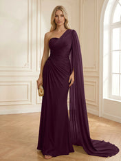 Sage Green One Shoulder Beaded Evening Gown with Cape Sleeve