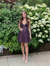 Blue A Line V-neck Beaded Back Tie Short Homecoming Mini Dress