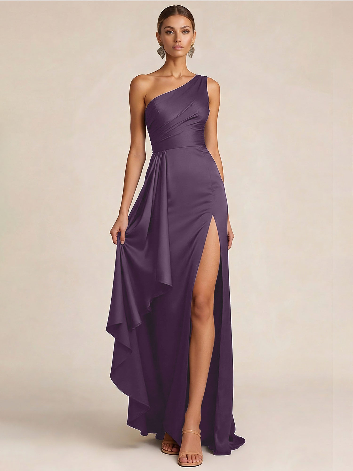 Sleek Foraml Evening Gown Midnight Navy One-Shoulder Satin Slit Maxi Dress