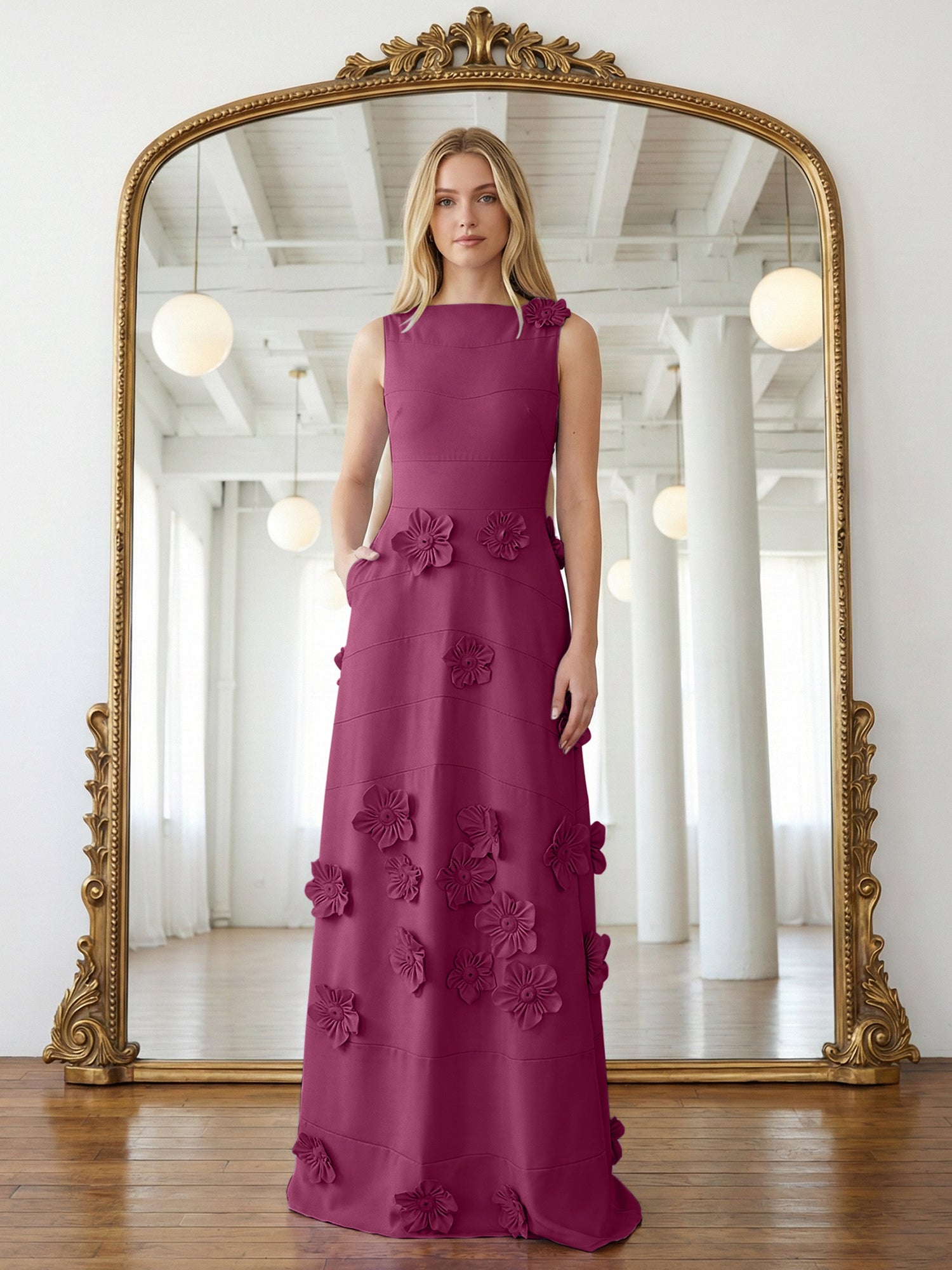 Lavender Boat Neck Formal Gown with Cascading 3D Flowers