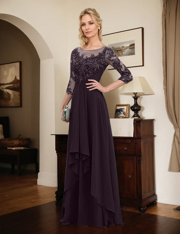 Robe de mère de la mariée trapèze en mousseline de soie et dentelle, longueur au sol, avec volants en cascade 
