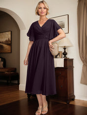A-line V-Neck Tea-Length Chiffon Mother of the Bride Dress With Pleated Beading