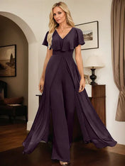 Jumpsuit/Pantsuit V-Neck Floor-Length Chiffon Evening Dress