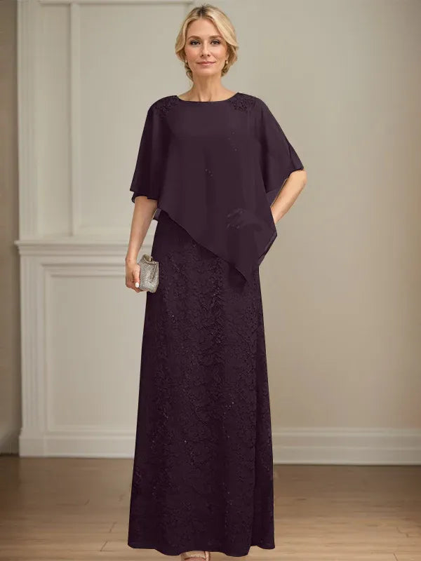 Column Scoop Floor-Length Chiffon Lace Mother of the Bride Dress With Sequins Beading