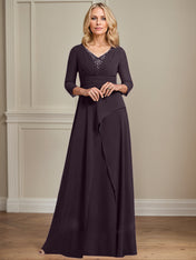 A-line V-Neck Floor-Length Chiffon Mother of the Bride Dress With Pleated Beading