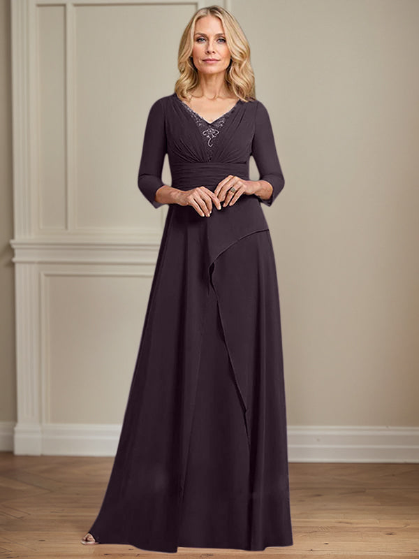 A-line V-Neck Floor-Length Chiffon Mother of the Bride Dress With Pleated Beading