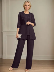 Jumpsuit/Pantsuit Separates Scoop Floor-Length Chiffon Lace Mother of the Bride Dress With Sequins