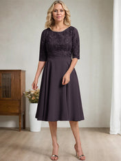A-line Scoop Knee-Length Lace Chiffon Mother of the Bride Dress
