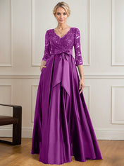 A-line V-Neck Floor-Length Satin Lace Mother of the Bride Dress With Sequins Bow