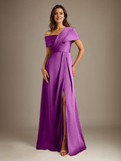 A-Line Asymmetrical Neckline Floor-Length Satin Mother of the Bride Dress With Pleated