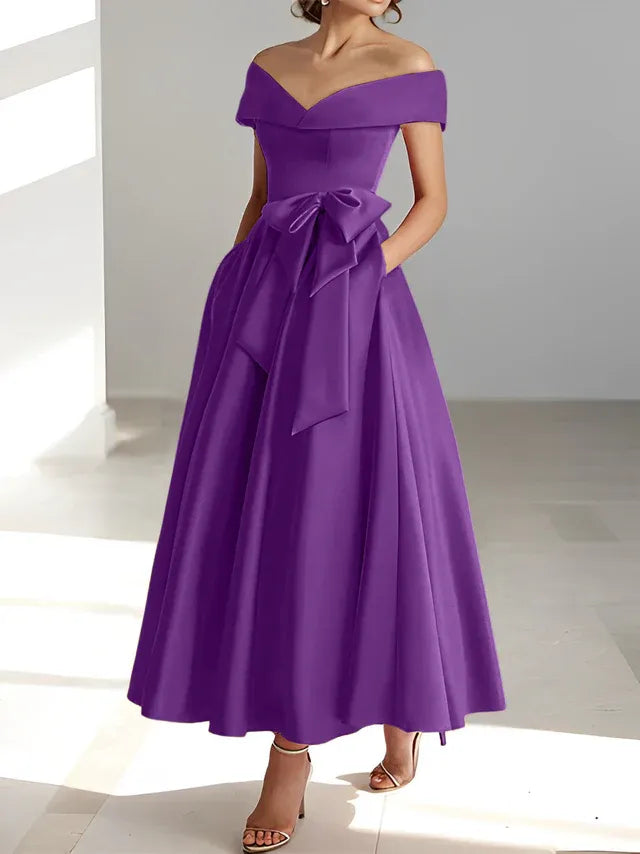 Princess Off-the-Shoulder Sleeveless Ankle-Length Mother of the Bride Dresses with Pockets