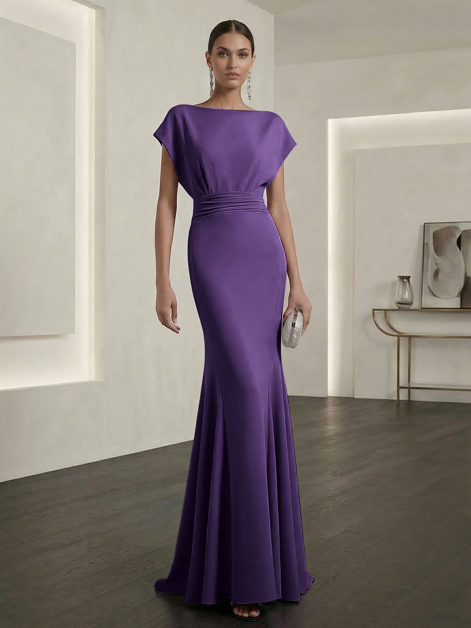 Lavender Mermaid Gown Dress Ruched Classic Boat Neck Short Sleeve Raglan Sleeves