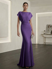 Lavender Mermaid Gown Dress Ruched Classic Boat Neck Short Sleeve Raglan Sleeves