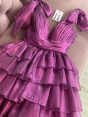 Plum A-Line Deep V-Neck Short Tiered Satin Homecoming Dress
