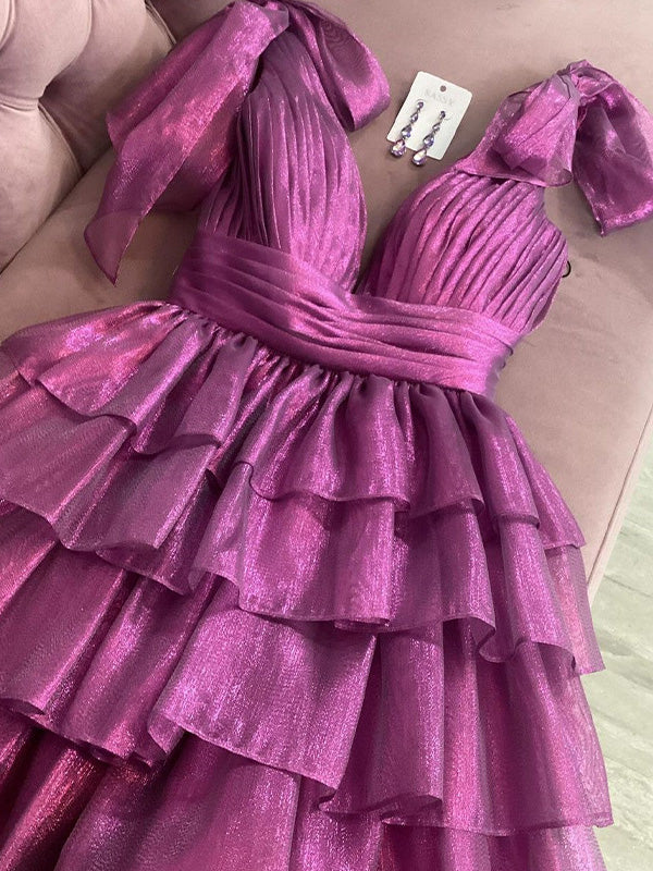 Plum A-Line Deep V-Neck Short Tiered Satin Homecoming Dress
