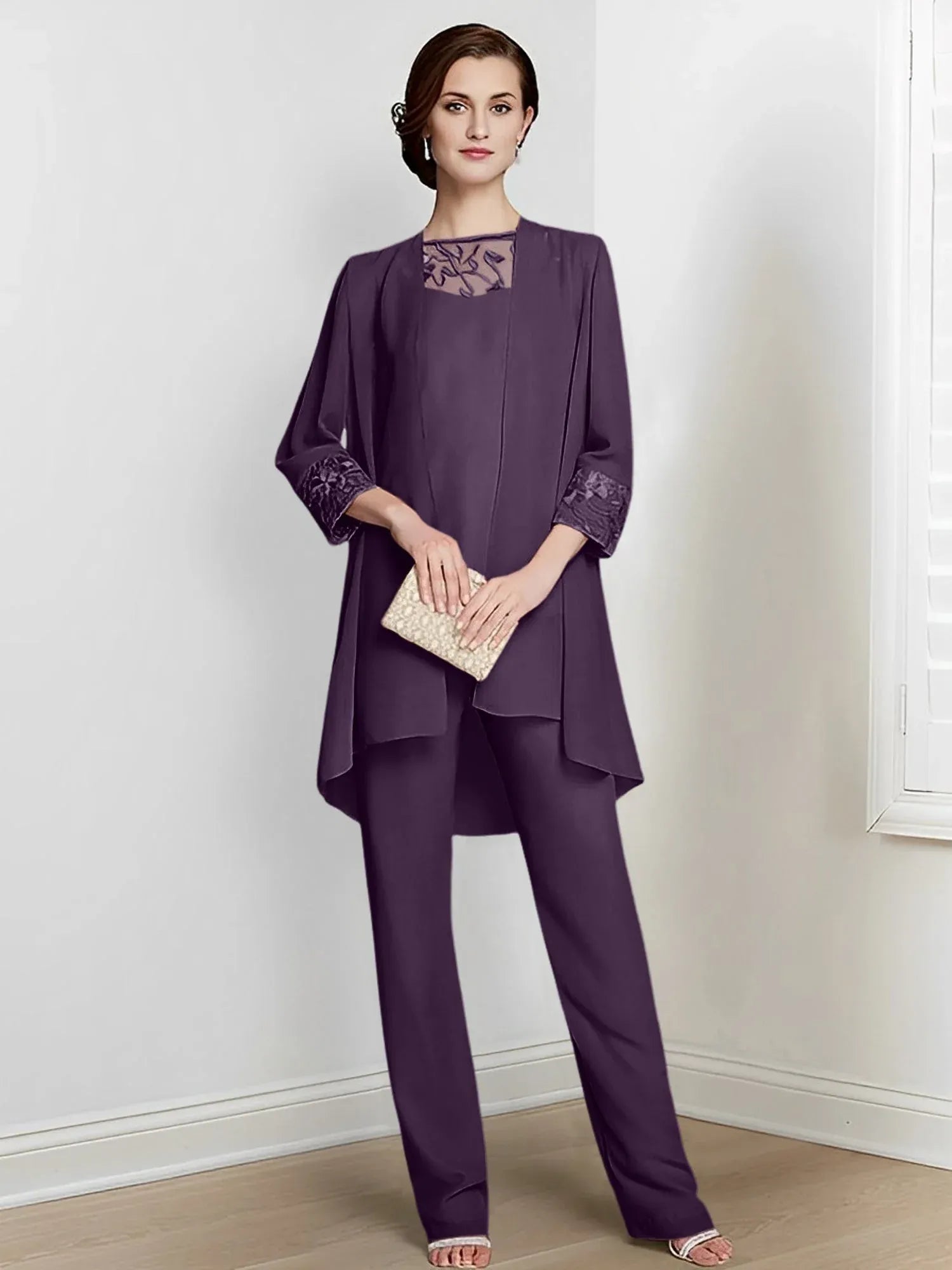 Tailleur-pantalon en mousseline à manches longues pour mère de la mariée avec veste 