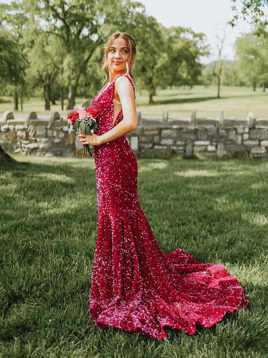 Plunge Neck Sequin Mermaid Long Prom Dress