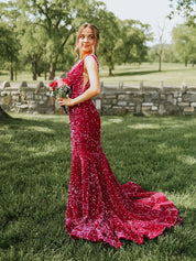 Plunge Neck Sequin Mermaid Long Prom Dress