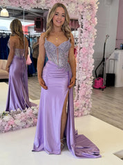 Plunging Crystal Corset Bodice Satin Prom Dress with Slit