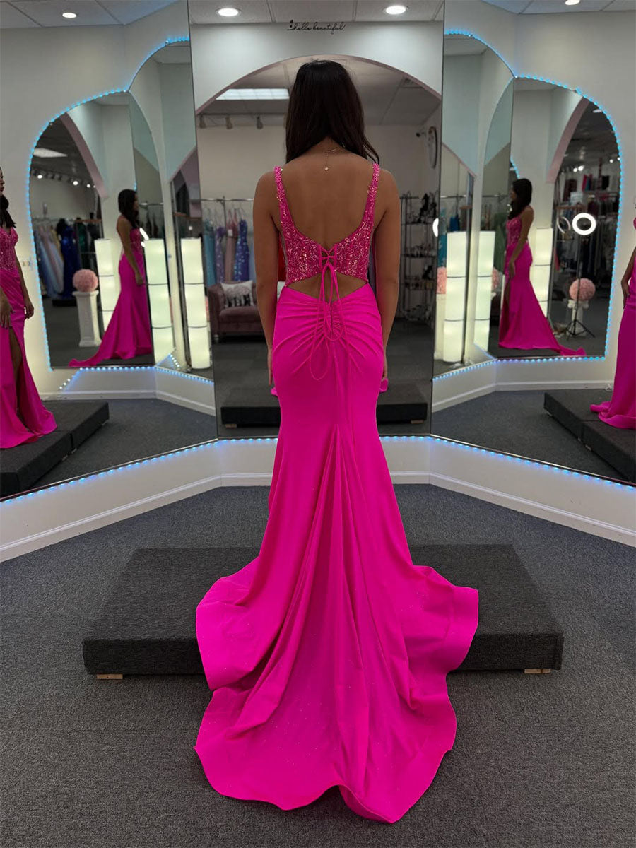 Plunging V-Neck Beaded Corset Bodice Prom Dress with High Slit